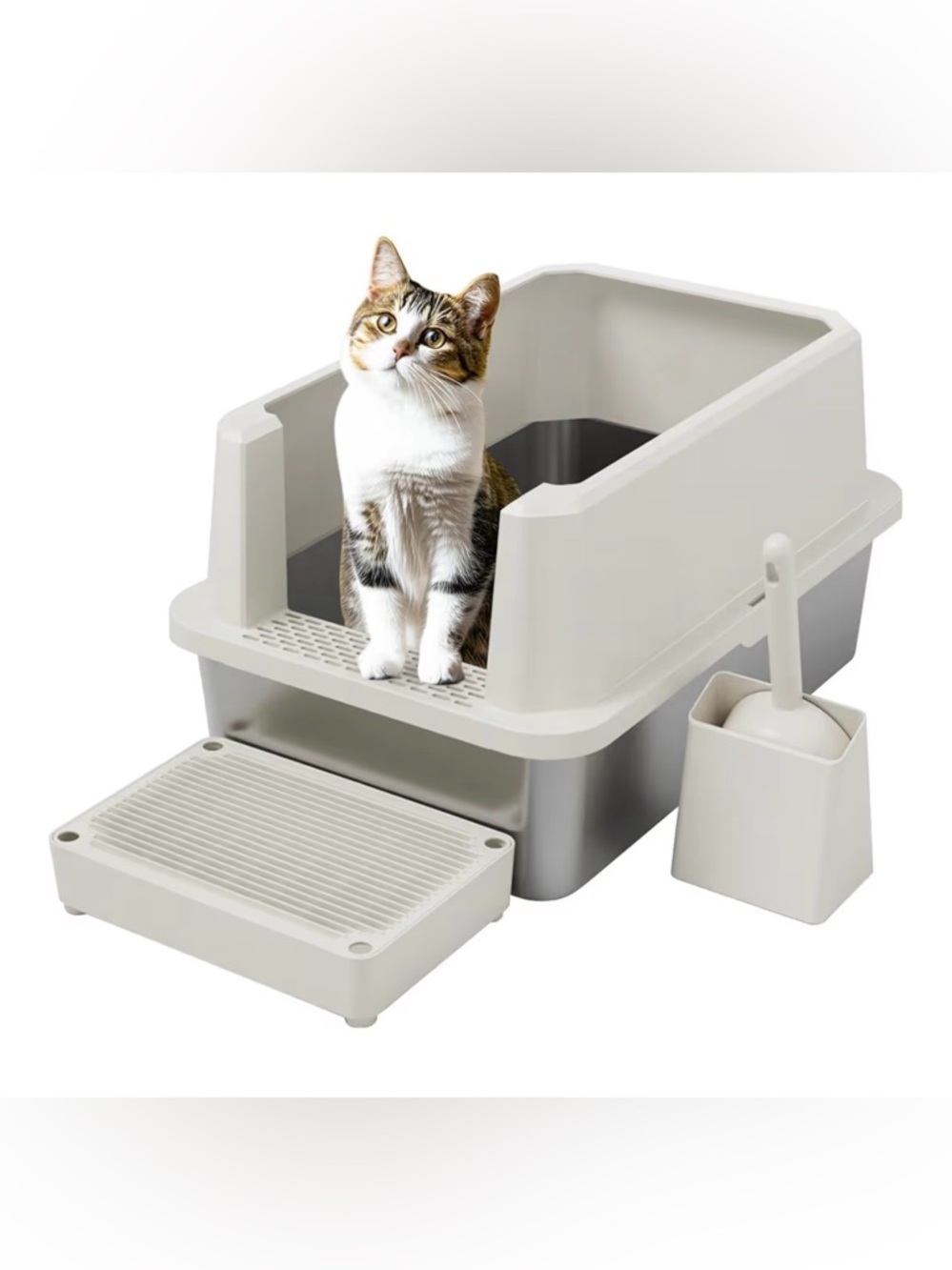 Modern Cat Litter Box with Step and Scoop - Light Gray